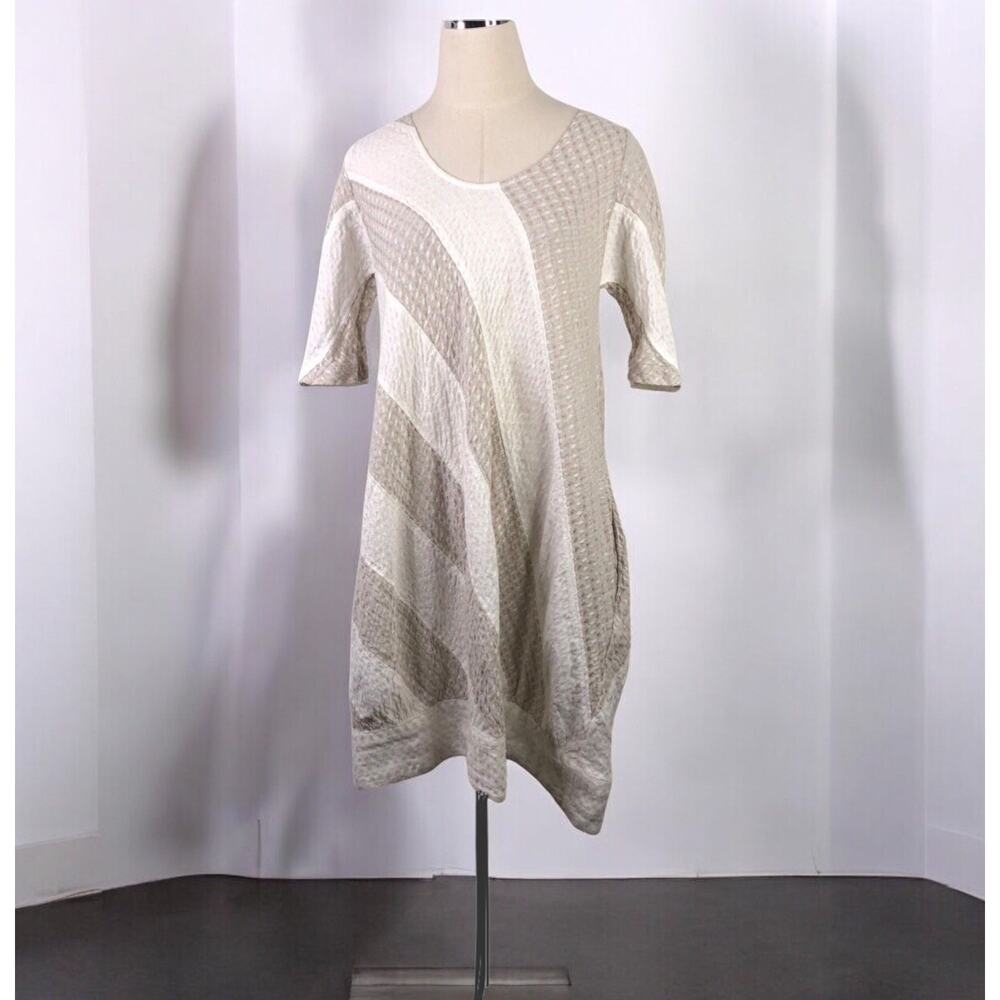 Grizas Linen Dress Beige Ivory Woven Diagonal Stripe Lagenlook